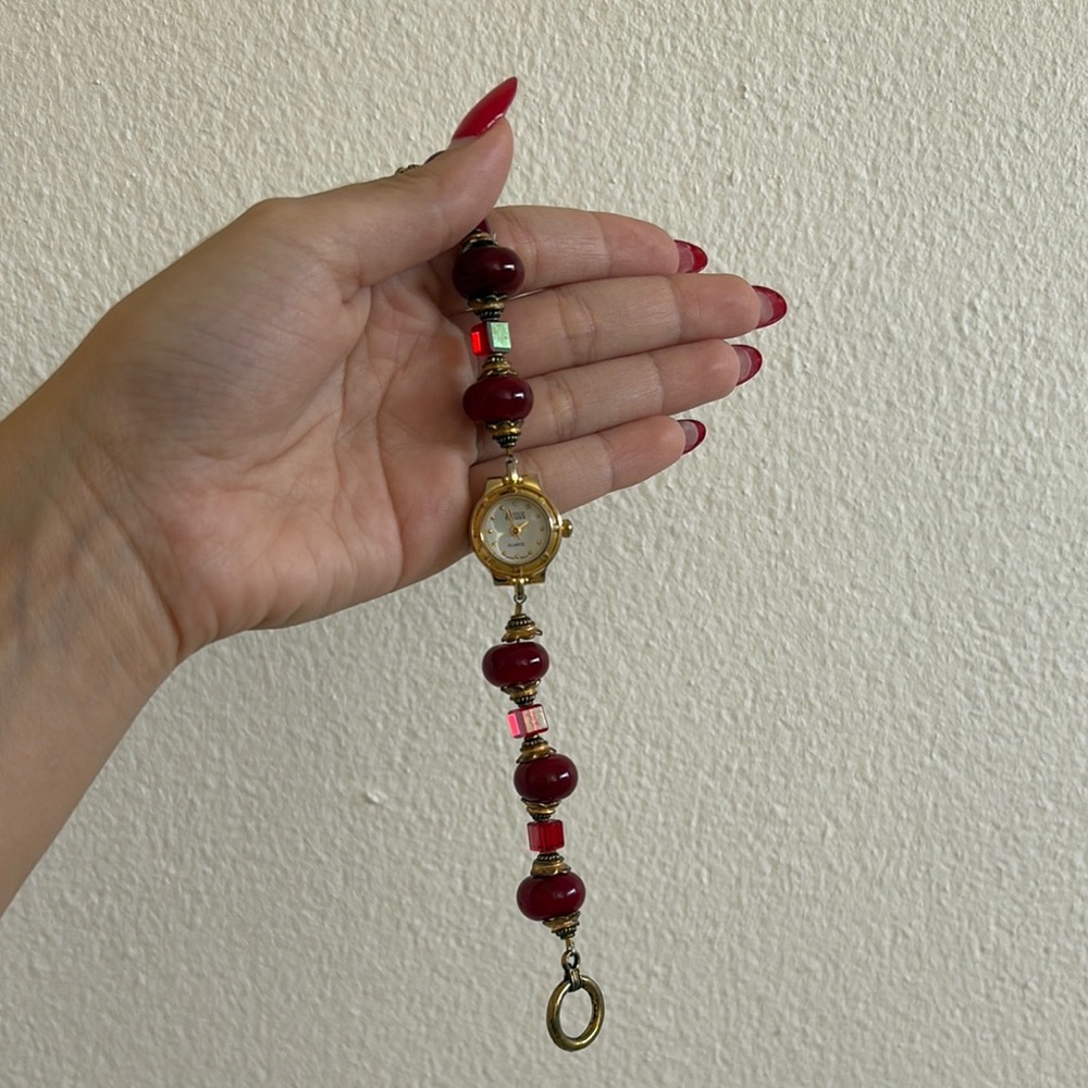 Elegant Gold and Red Beaded Women's Watch